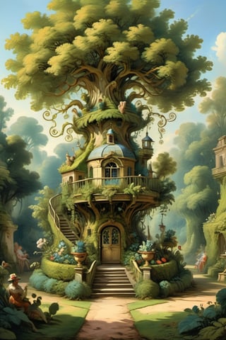 A mystical greenery garden with a treehouse in the center, masterful whimsical topiary sculptures, baroque style vases, flowers, esotic birds, (multiple fantastic spirals of branches and leaves:1.9), dreamy atmosphere, golden vibes, romantic landscape. Masterpiece, rococo style, painted by Francois Boucher and Jean-Honoré Fragonard