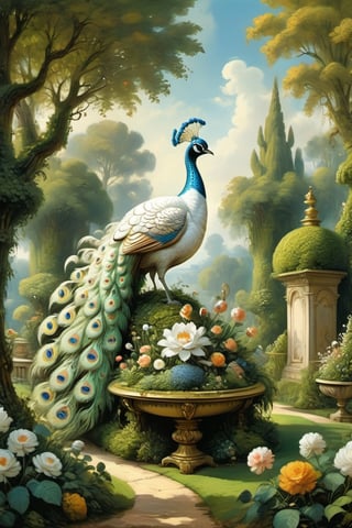 A mystical greenery garden, masterful whimsical topiary sculptures, flowers, one majestic awesome white peacock at the center of the scene. Dreamy atmosphere, golden vibes, romantic landscape. Masterpiece, rococo style, painted by Jean-Honoré Fragonard and Michael Cheval