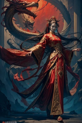 Full body shot of a character standing in majestic pose, realistic representation of a fantasy chinese empress with the most sumptuous wedding hanfu dress made of red silk and richly embroidered with gold and silver threads, intricately carved golden badges and tassels. Chinese Long dragon. Art by Yoshitaka Amano, Huang Guangjian, Zhong Fenghua, stunning interpretive visual, gothic regal, colorful, realistic eyes, dreamy magical atmosphere, (film grain), (warm hue, warm tone), cinematic light, side lightings,zhongfenghua,gu,weapon