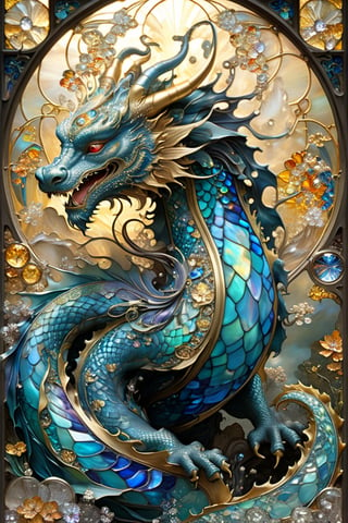 Blue and gold chinese Lung dragon, magical fantasy art is done in oil paint and liquid chrome, liquid rainbow, best quality,  fairytale, patchwork, (stained glass:1.2), storybook detailed illustration, cinematic, ultra highly detailed, tiny details, beautiful details, mystical, luminism, vibrant colors, complex background, resolution hyperdetailed intricate liminal eerie precisionism, intricate background, (dark luminescent:1.2) art by Alphonse Mucha, Kinuko Y Craft, Alan Lee, crystalz