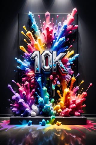 Front view of a 3D style graffiti museal artwork with the text "10K", displayed on the black wall of a futuristic museum. Colors (powder:1.4), color smoke, color splashes, close shot. Text,crystalz