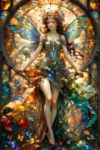 Full body fairy, magical fantasy art is done in oil paint and liquid chrome, liquid rainbow, best quality, art on a cracked paper, fairytale, patchwork, (stained glass:1.2), storybook detailed illustration, cinematic, ultra highly detailed, tiny details, beautiful details, mystical, luminism, vibrant colors, complex background, resolution hyperdetailed intricate liminal eerie precisionism, intricate background, (dark luminescent:1.2) art by Alphonse Mucha, Kinuko Y Craft, Arthur Rackham, Jean Baptiste Monge,crystalz