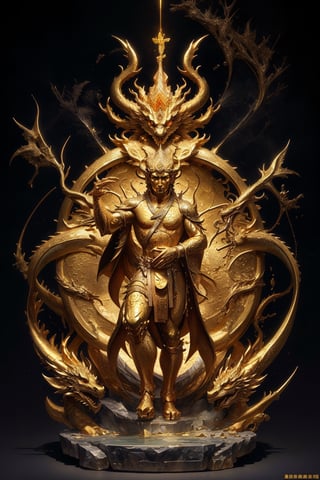 1 chinese full body God with dragon hyperdetailed dark bronze sculpture, perfect face, (masterful:1.3), in the ancient style of the best chinese art, detailed and intricate, golden line, yellow crystals, glass elements, complex background, golden intricately detailed background, black color,bg_imgs,dragon