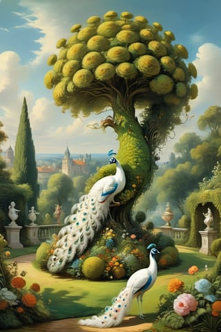 A mystical greenery garden, masterful whimsical topiary sculptures, flowers, one majestic awesome (white:1.2) peacock doing cartwheel at the center of the scene. Dreamy atmosphere, golden vibes, romantic landscape. Masterpiece, rococo style, painted by Jean-Honoré Fragonard and Michael Cheval