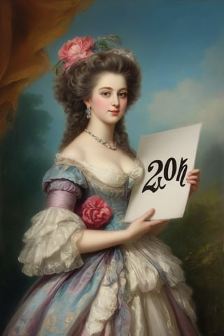 Very beautiful girl holding a white board with text "20K" written in large letters. Rococo oil paint, bright colors, text as ""