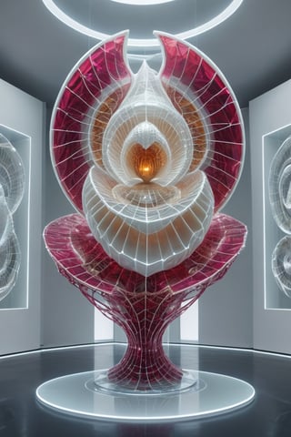 Front view of a museal sculpture displayed on a futuristic pedestal in the white room inside a futuristic museum. BREAK The artwork is an amazing and captivating glass abstract sculpture, with a sea nautilus shell, decorated with small rubies, (kinetic elements:1.4), glow, spark. Golden theme. Abstract fractal AI generated shape, sharp details, intricate and thick golden wireframes. Highest quality, detailed and intricate, original artwork, trendy, award-winning, artint, noc-wfhlgr, art_booster. BREAK wide shot, sharp focus, bright white room