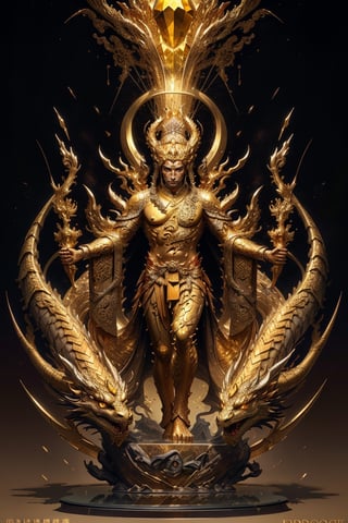 1 chinese full body God with dragon hyperdetailed dark bronze sculpture, perfect bronze face, human feet, (masterful:1.3), in the ancient style of the best chinese art, detailed and intricate, golden line, yellow crystals, glass elements, complex background, golden intricately detailed background, black color,bg_imgs,dragon