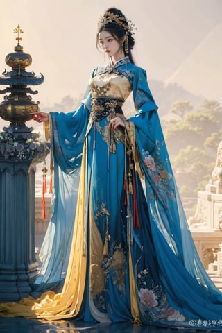 Full body shot of a character standing in majestic pose, hyper realistic representation of a fantasy chinese empress with the most sumptuous wedding hanfu dress made of black and red silk and richly embroidered with gold and silver threads, wide sleeves, intricately carved golden badges and tassels, ghothic cathedral background. Art by Yoshitaka Amano, Zhong Fenghua, stunning interpretive visual, gothic regal, colorful, realistic eyes, dreamy magical atmosphere, (film grain), (warm hue, warm tone), cinematic light, side lightings,zhongfenghua