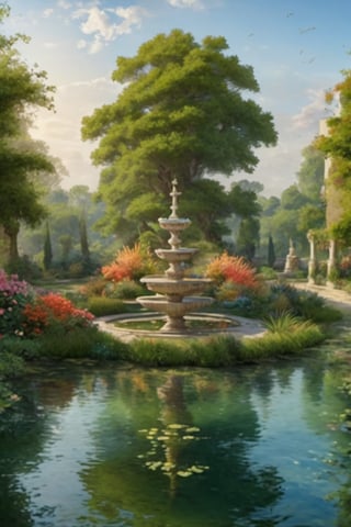 A fantastic greenery ancient garden with plant sculptures and a small tower rising from a small pond in the center, bright colored flowers. A masterpiece painted by Claude Lorrain and Jean-Honoré Fragonard, highly detailed leaves, (surreal:1.4) atmosphere, romantic landscape,island