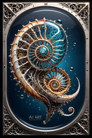 A 3D style artwork that shows (an amazing glass sea nautilus shell), (glass art:1.4), (trendwhore style:1.6), with the capital lettered (text "AI-ART":2) big dimensioned in the corner. Gradient background, sharp details. Dark filigree on background. Highest quality, detailed and intricate, original artwork, trendy, futuristic, award-winning. Bright colors, close shot, artint, make_3d,art_booster,crystalz,spstation