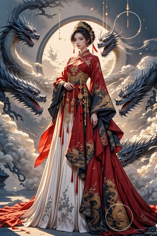 Full body shot of a character standing in majestic pose, hyper realistic representation of a fantasy chinese empress with the most sumptuous wedding hanfu dress made of black and (red:1.8) silk and richly embroidered with gold and silver threads, (wide sleeves:1.2), intricately carved golden badges and tassels, golden line, dark gothic cathedral background, fire and flame and clouds of smoke. Art by Yoshitaka Amano, Zhong Fenghua, stunning interpretive visual, gothic regal, colorful, realistic eyes, dreamy magical atmosphere, (film grain), (warm hue, warm tone), cinematic light, side lightings,zhongfenghua,horror (theme),dragon_aodai_nam,<lora:659111690174031528:1.0>