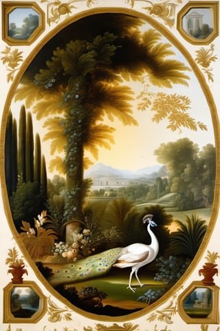 An ultra higly detailed ancient greenery garden with sumptuous masterpieces of topiary art. A masterpiece painted by Claude Lorrain, highly detailed leaves and a (white peacock:1.4) at the center of the scene. Golden hour, romantic landscape,  Architectural100, on parchment