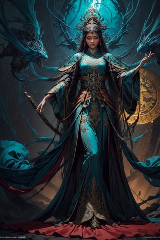 Full body shot of a character standing in majestic pose, realistic representation of a fantasy chinese empress, with the most sumptuous wedding hanfu dress made of blue silk and richly embroidered with gold and silver threads, intricately carved golden badges and tassels. Underwater, magic circles. Art by Yoshitaka Amano, Huang Guangjian, Zhong Fenghua, stunning interpretive visual, gothic regal, colorful, realistic eyes, dreamy magical atmosphere, (film grain), (warm hue, warm tone), cinematic light, side lightings,zhongfenghua,gu,weapon