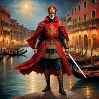 
A full body representation of a swordsman wearing a red Venetian mask, he wields a saber, dynamic pose, intricate, colorful, fine facial details, Venice city by night on background, sharp focus, aged oil painting in the style of rembrandt