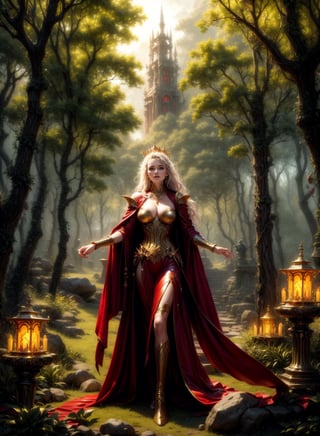 A vampire queen by Luis Royo, richly golden jeweled, fine red leather dressed, standing in majestic pose, greenery forest background