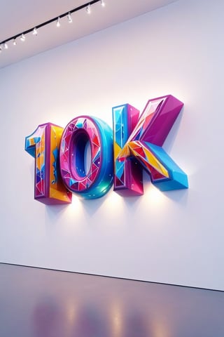 Front view of a 3D style graffiti museal artwork with the text "10K", displayed on the white wall of a futuristic museum. Bright colors, close shot. Text,crystalz