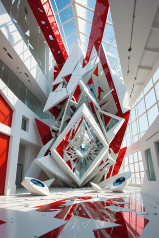 Front view of a (futuristic museum:1.4). The photo represent (an amazing and captivating abstract architecture:1.4), (trendwhore style:1.4), mirror fragment, glassware, deconstructivism, shattered reality, perspective kaleidoscope, (off center:1.2), (right-aligned:1.4), (futuristic and geometric:1.3), light rays, glow, spark, (2004 aesthetics:1.2), (beautiful glass splinters in perspective:1.3), red theme. Gradient background, sharp details. Highest quality, detailed and intricate, original photo, trendy, vector art, vintage, award-winning. Wide shot, sharp focus, bright shiny white room, artint, art_booster