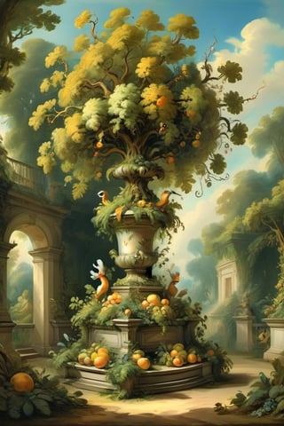 A mystical greenery garden, masterful whimsical topiary sculptures, baroque style vases, fruits, flowers, esotic birds, (multiple fantastic spirals of branches and leaves:1.9), dreamy atmosphere, golden vibes, romantic landscape. Masterpiece, rococo style, painted by Jean-Honoré Fragonard