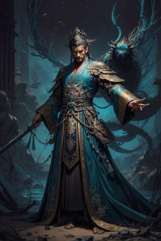 Full body shot of a character standing in majestic pose, realistic representation of a fantasy chinese emperor, with the most sumptuous wedding hanfu suit made of dark blue silk and richly embroidered with gold and silver threads, intricately carved golden badges and tassels. Under the sea background, magic circles. Art by Yoshitaka Amano, Huang Guangjian, Zhong Fenghua, stunning interpretive visual, gothic regal, colorful, realistic eyes, dreamy magical atmosphere, (film grain), (warm hue, warm tone), cinematic light, side lightings,zhongfenghua,gu,weapon