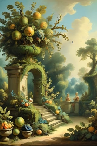 A mystical greenery garden, masterful whimsical topiary sculptures, baroque style vases, fruits, flowers, esotic birds, (multiple fantastic spirals of branches and leaves:1.6), dreamy atmosphere, golden vibes, romantic landscape. Masterpiece, rococo style, painted by Jean-Honoré Fragonard
