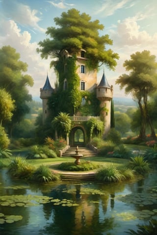 A fantastic greenery ancient garden with a pond in the center and a small French castle style tower in the center of the pond. A masterpiece painted by Claude Lorrain and Jean-Honoré Fragonard, highly detailed leaves, (surreal:1.4) atmosphere, romantic landscape,island,digital painting