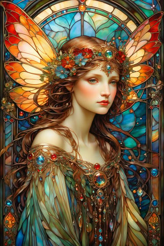 Fairy, large wings, magical fantasy art is done in oil paint and liquid chrome, liquid rainbow, golden line, copper surfaces, shining red jewels, best quality, fairytale, patchwork, (stained glass:1.2), storybook detailed illustration, cinematic, ultra highly detailed, tiny details, beautiful details, mystical, luminism, vibrant colors, complex background, resolution hyperdetailed intricate liminal eerie precisionism, DSLR filmic hyperdetailed, intricate background, (dark luminescent:1.2) art by Alphonse Mucha, Kinuno Y Craft, Brian Froud, Arthur Rackham, Jean Baptiste Monge,crystalz