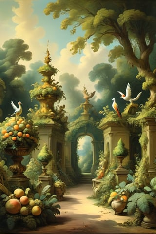 A mystical greenery garden, masterful whimsical topiary sculptures, baroque style vases, fruits, flowers, esotic birds, multiple fantastic spirals of branches and leaves, dreamy atmosphere, golden vibes, romantic landscape. Masterpiece, rococo style, painted by Jean-Honoré Fragonard