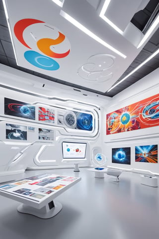 Wide view of a futuristic museal room with some artworks representing graphics and concept maps displayed on the white walls. Futuristic museum. Bright colors, close shot. ,dvr-txt,artint,real_booster,art_booster
