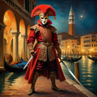 
A full body representation of a swordsman wearing a red Venetian mask, dynamic pose, intricate, colorful, fine facial details, Venice city by night on background, sharp focus, aged oil painting in the style of rembrandt