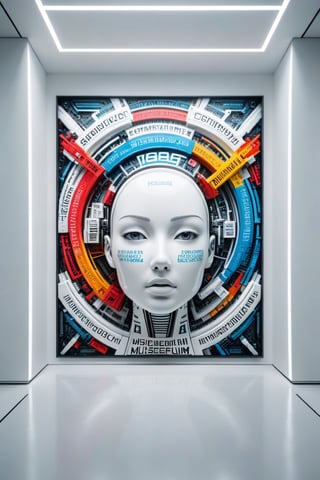 Front view of a futuristic museal artwork with text, displayed on the white wall inside a futuristic museum. Bright colors, surrealist, close shot. ,dvr-txt