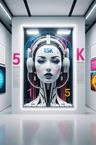 Front view of a futuristic trendwhore style museal artwork with the text "15K", displayed on the white wall inside a futuristic museum. Bright colors, surrealist, close shot. ,dvr-txt