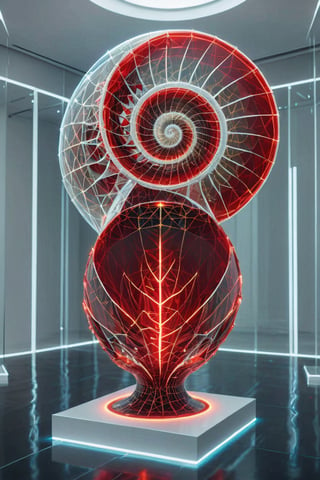 Front view of a museal sculpture displayed on a futuristic pedestal in the white room inside a futuristic museum. BREAK The artwork is an amazing and captivating glass abstract sculpture, with a sea nautilus shell, (kinetic elements:1.4), glow, spark. Red and golden theme. Abstract fractal AI generated shape, sharp details, intricate and thick golden wireframes. Highest quality, detailed and intricate, original artwork, trendy, award-winning, artint, noc-wfhlgr, art_booster. BREAK wide shot, sharp focus, bright white room
