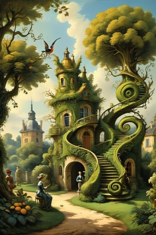 A mystical greenery garden, masterful whimsical topiary sculptures, flowers, esotic birds, (multiple fantastic spirals of branches and leaves:1.9), dreamy atmosphere, golden vibes, romantic landscape. Masterpiece, rococo style, painted by Jean-Honoré Fragonard and Michael Cheval