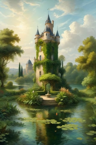 A fantastic greenery ancient garden with a pond in the center and a small French castle style tower in the center of the pond. A masterpiece painted by Claude Lorrain and Jean-Honoré Fragonard, highly detailed leaves, (surreal:1.4) atmosphere, romantic landscape,island,digital painting