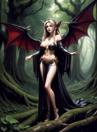 A large winged vampire queen by Luis Royo, greenery forest background 