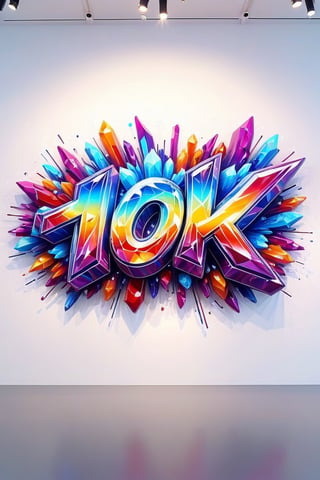 Front view of a 3D style graffiti museal artwork with the text "10K", displayed on the white wall of a futuristic museum. Bright colors, close shot. Text,crystalz