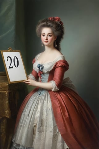 Very beautiful girl holding a white board with text "20K" written in large letters. Rococo oil paint, bright colors, text as ""