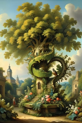A mystical greenery garden, masterful whimsical topiary sculptures, baroque style vases, flowers, esotic birds, (multiple fantastic spirals of branches and leaves:1.9), dreamy atmosphere, golden vibes, romantic landscape. Masterpiece, rococo style, painted by Jean-Honoré Fragonard and Jan Bruegel 