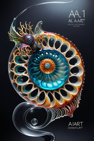 A 3D style artwork that shows (an amazing glass sea nautilus shell), (glass art:1.4), (trendwhore style:1.6), with the large (text "AI-ART":1.2) in the corner. Gradient background, sharp details. Dark filigree on background. Highest quality, detailed and intricate, original artwork, trendy, futuristic, award-winning. Bright colors, close shot, artint