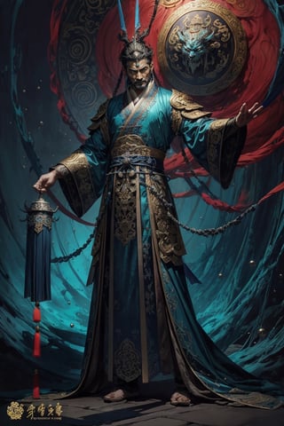 Full body shot of a character standing in majestic pose, realistic representation of a fantasy chinese god, with the most sumptuous wedding hanfu suit made of dark blue silk and richly embroidered with gold and silver threads, intricately carved golden badges and tassels. Under the sea background, magic circles. Art by Yoshitaka Amano, Huang Guangjian, Zhong Fenghua, stunning interpretive visual, gothic regal, colorful, realistic eyes, dreamy magical atmosphere, (film grain), (warm hue, warm tone), cinematic light, side lightings,zhongfenghua,gu,weapon