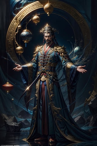 Full body shot of a character standing in majestic pose, realistic representation of a fantasy chinese emperor, with the most sumptuous wedding hanfu suit made of dark blue silk and richly embroidered with gold and silver threads, intricately carved golden badges and tassels. Under the sea background, magic circles. Art by Yoshitaka Amano, Huang Guangjian, Zhong Fenghua, stunning interpretive visual, gothic regal, colorful, realistic eyes, dreamy magical atmosphere, (film grain), (warm hue, warm tone), cinematic light, side lightings,zhongfenghua,gu,weapon