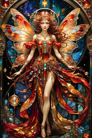 Full body red and gold dressed fairy, magical fantasy art is done in oil paint and liquid chrome, liquid rainbow, best quality, golden line, fairytale, patchwork, (stained glass:1.2), storybook detailed illustration, cinematic, ultra highly detailed, tiny details, beautiful details, mystical, luminism, vibrant colors, complex background, resolution hyperdetailed intricate liminal eerie precisionism, intricate background, (dark luminescent:1.2) art by Alphonse Mucha, Kinuko Y Craft, crystalz