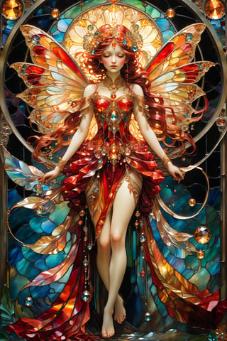 Full body red and gold dressed fairy, magical fantasy art is done in oil paint and liquid chrome, liquid rainbow, best quality, art on a cracked paper, fairytale, patchwork, (stained glass:1.2), storybook detailed illustration, cinematic, ultra highly detailed, tiny details, beautiful details, mystical, luminism, vibrant colors, complex background, resolution hyperdetailed intricate liminal eerie precisionism, intricate background, (dark luminescent:1.2) art by Alphonse Mucha, Kinuko Y Craft, crystalz