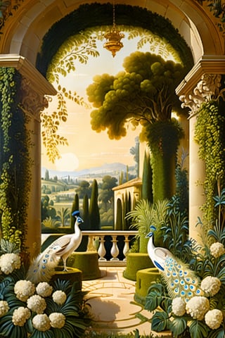 An ultra higly detailed ancient greenery garden with sumptuous masterpieces of topiary art. A masterpiece painted by Claude Lorrain, highly detailed leaves and a (white peacock:1.4) at the center of the scene. Golden hour, romantic landscape,  Architectural100, on parchment