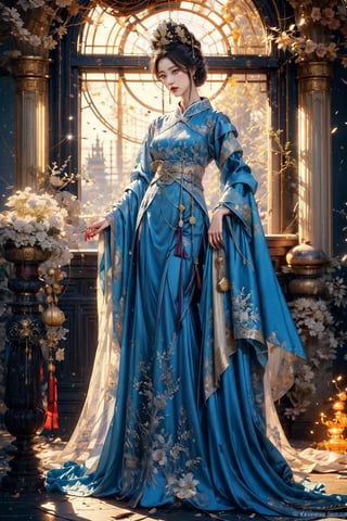 Full body shot of a character standing in majestic pose, hyper realistic representation of a fantasy chinese empress with the most sumptuous wedding hanfu dress made of black and red silk and richly embroidered with gold and silver threads, wide sleeves, intricately carved golden badges and tassels, ghothic cathedral background. Art by Yoshitaka Amano, Zhong Fenghua, stunning interpretive visual, gothic regal, colorful, realistic eyes, dreamy magical atmosphere, (film grain), (warm hue, warm tone), cinematic light, side lightings,zhongfenghua,horror (theme)