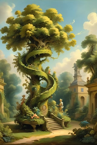 A mystical greenery garden, masterful whimsical topiary sculptures, multiple fantastic spirals of branches and leaves, dreamy atmosphere, golden vibes, romantic landscape. Masterpiece, rococo style, painted by Jean-Honoré Fragonard