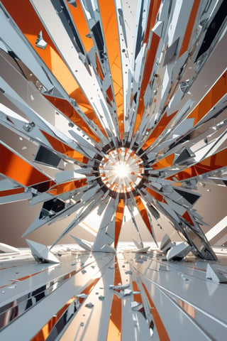 Front view of a (futuristic museum:1.4). The photo represent (an amazing and captivating abstract composition:1.4), (trendwhore style:1.4), mirror fragment, glassware, deconstructivism, shattered reality, perspective kaleidoscope, (off center:1.2), (right-aligned:1.4), (futuristic and geometric:1.3),light rays, glow, spark, (2004 aesthetics:1.2), (beautiful glass splinters in perspective:1.3), orange theme. Gradient background, sharp details. Highest quality, detailed and intricate, original photo, trendy, vector art, vintage, award-winning, artint, art_booster. Wide shot, sharp focus, bright shiny white room