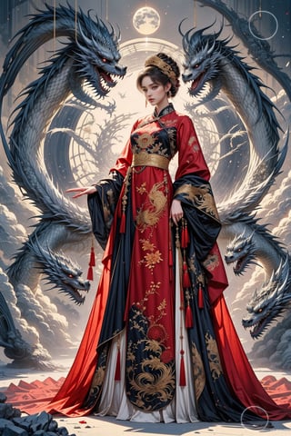 Full body shot of a character standing in majestic pose, hyper realistic representation of a fantasy chinese empress with the most sumptuous wedding hanfu dress made of black and (red:1.8) silk and richly embroidered with gold and silver threads, (wide sleeves:1.2), intricately carved golden badges and tassels, dark gothic cathedral background, rock magic circle, mandala. Art by Yoshitaka Amano, Zhong Fenghua, stunning interpretive visual, gothic regal, colorful, realistic eyes, dreamy magical atmosphere, (film grain), (warm hue, warm tone), cinematic light, side lightings,zhongfenghua,horror (theme),dragon_aodai_nam,<lora:659111690174031528:1.0>