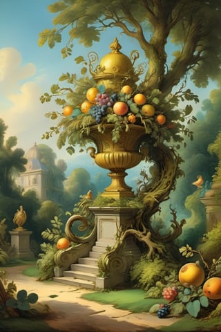 A mystical greenery garden, masterful whimsical topiary sculptures, baroque style vases, fruits, flowers, esotic birds, (multiple fantastic spirals of branches and leaves:1.9), dreamy atmosphere, golden vibes, romantic landscape. Masterpiece, rococo style, painted by Jean-Honoré Fragonard and Daniel Merriam