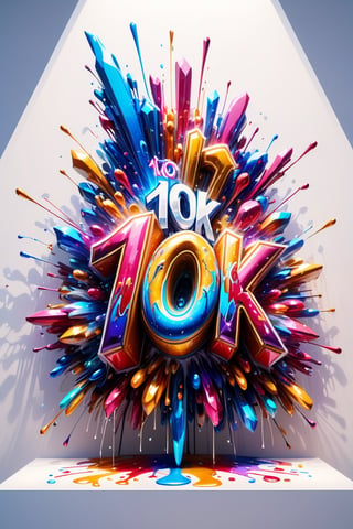 Front view of a 3D style graffiti museal artwork with the text "10K", displayed on the white wall of a futuristic museum. Bright colors, dripping colors, color fireworks, close shot. Text,crystalz